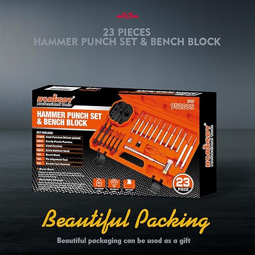 HORUSDY 23-Piece Punch Set Roll Pin Punch Set and Hammer with Bench Block, Punch Tool Ideal for Maintenance