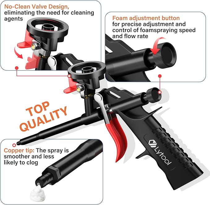 Lytool Spray Foam Gun with 12.6” Extension Rod PTFE Non Stick Barrel Copper Nozzle Adjustable Flow Caulking Gun with Cleaning Brush for Insulation Sealing Compatible with PU Foam Cans Easy to Clean