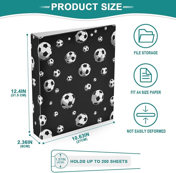 Football Black Round Ring Binders 1.5 Inch Soccer Sports Balls 3 Ring Clipboard - Image 4