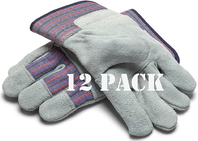 Greendale (3, 6 or 12 Pack - Leather & Cotton Work Gloves: Garage, Yard, Garden, Industrial, Commercial - One Size Fits Most