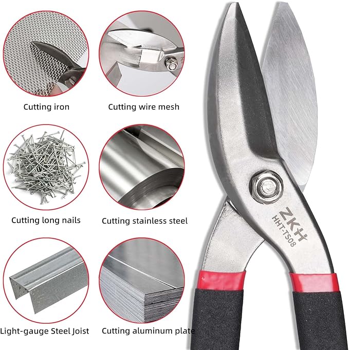 ZKH 8 Inch Tin Snips, Alloy Steel Forged Heavy Duty Metal Shears with Comfortable Two-Color PVC Dipped Plastic Handle, Metal Snips for Cutting Sheet Metal