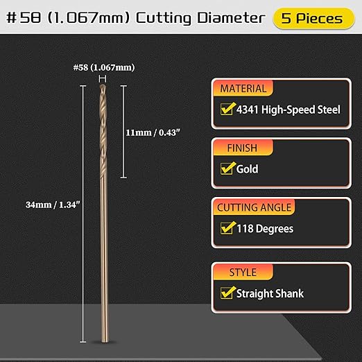 Drill Bit, #58 Cutting Diameter, 4341 HSS Gold Finish 118° Cutting Angle Number Jobber Bits - (Applications: for Drilling Soft Metal Plastic Wood), 5-Pieces