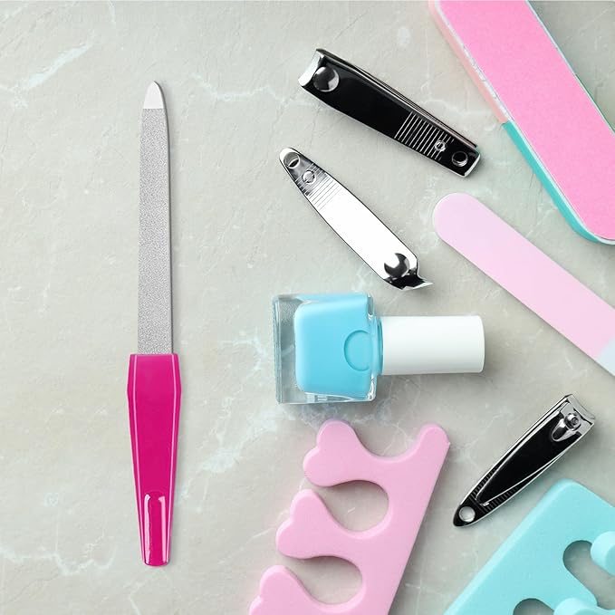 Metal Nail Files with Sharp Pointed Tip Made of Stainless Steel Non Slip Handle, Nail File Double Sided Sapphire Grit for Natural Nails Fingernails limas de uñas metálicas Color Pink (6 Pcs)