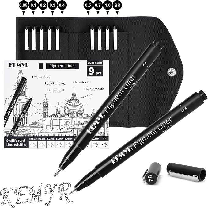 KEMYR 9 Micro Fine liner Drawing Art Pens Calligraphy Pens: 0.05mm-BR Size by Kemyr
