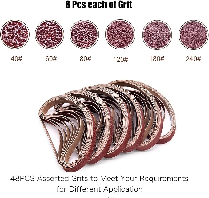 48 PCS 1/2 x 18 Sanding Belts, 1/2x18 Aluminum Oxide Sanding Belts for Mini Air Belt Sander, 8 Each of 40,60,80,120,180,240 Grit