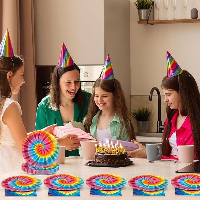 48Pcs Tie Dye Paper Plates and Napkins Rainbow Tie Party Decorations Dye - Image 7