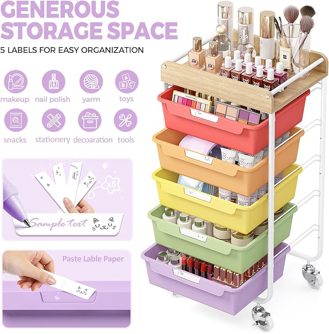 SYKIARIOL Utility Cart with 5 Labeling Drawers and Wooden Tabletop – Rolling - Image 5