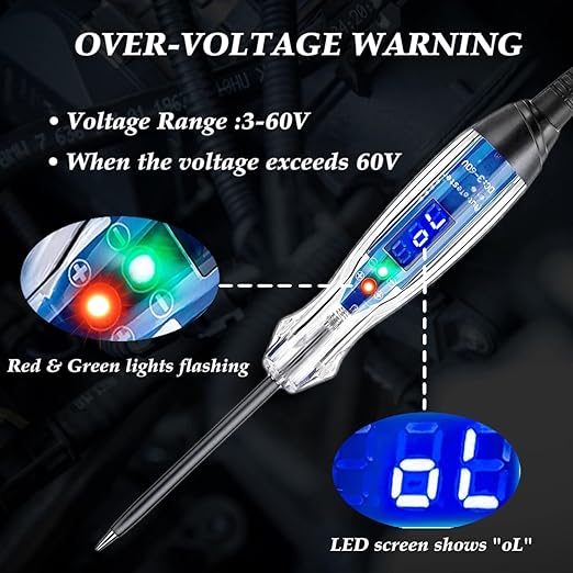 Test Light Automotive, 3-60V DC LED Digital Circuit Tester, Heavy Duty Light Tester with Voltmeter, Auto Voltage Tester Electric Probe Test Pen for Fuse, Battery, Polarity