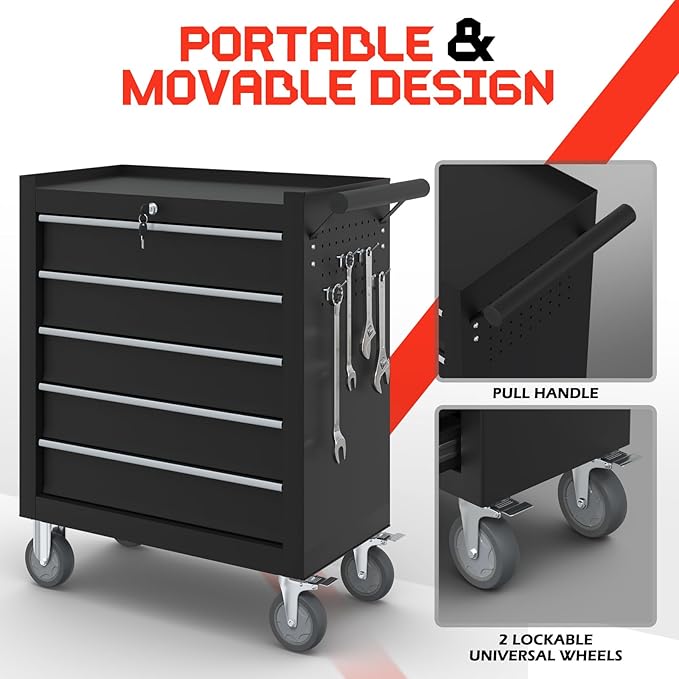 5-Drawer Rolling Tool Box, Metal Tool Chest with Wheels and Locking, Portable for Warehouse, Garage, Repair Shop, Workshop (Black, 5-Drawer)