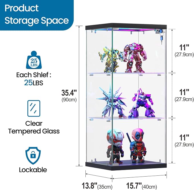 Dystler 3-Tier Glass Display Case, RGB LED Lights - Image 2