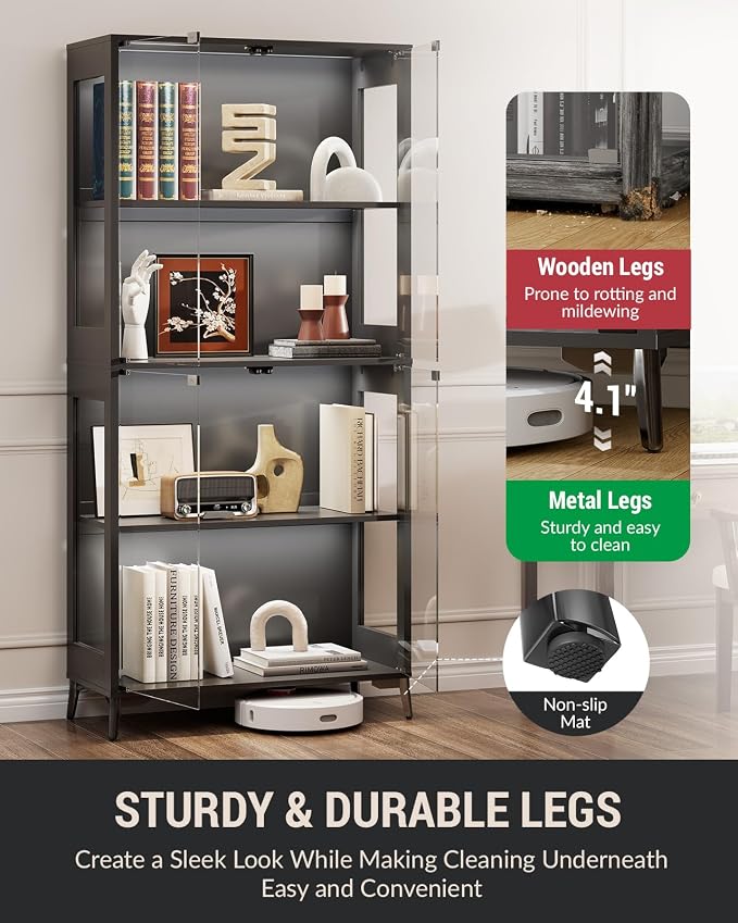 Display Cabinet with Glass Doors, 4-Tier Curio Cabinet with Adjustable Shelves - Image 3
