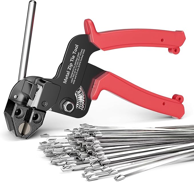 Metal Zip Tie Tool with 100 PCS 11.8 Inch 304 Stainless Steel Zip Ties, Heavy Duty Zip Tie Cutter and Tighter, for Chain Link Fence Ties and Exhasust Pipes