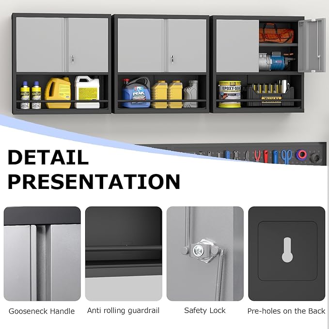 Metal Cabinet Wall Mounted, Garage Wall Storage Cabinets with 2 Door & Adjustable Shelves, Metal Wall Storage Cabinet for Bathroom, Office, Warehouse