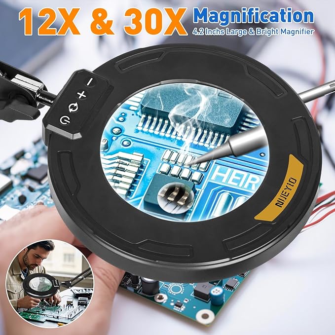 Ultra Long 3-Section Swing Arm 12X 30X Magnifying Glass with Light and Stand, 4-Way Large Strong Metal Clamp Lighted Magnifier Lamp, 5 Color Modes LED Magnifying Lamp for Workbench Crafting