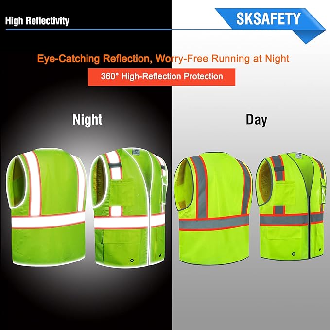 SKSAFETY 10 Pockets Safety Vest, Class 2 High Visibility Security with Zipper Double-sided mesh, Hi Vis Vest with Reflective Strips, ANSI/ISEA Standard, Construction Work Vest （Lime, XL）
