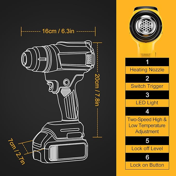Cordless Heat Gun for Dewalt 20V Battery, 350W,LED Light,Fast Heating Soldering Hot Air Gun 122℉-1022℉ Variable Temperature Control with 4pcs Nozzles&Scraper for Crafts, Shrink Wrap(NO Battery)