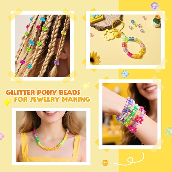 Simetufy 1200 pcs Pony Beads 6x9mm Glitter Clear Plastic Beads Transparent Beads - Image 4