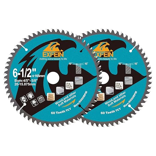 6-1/2 Inch Miter/Table Saw Blades 2pcs, 60 Teeth ATB TCT Fine Finish Wood Cutting Circular Saw Blade with 4/5|5/8 Inch Arbor