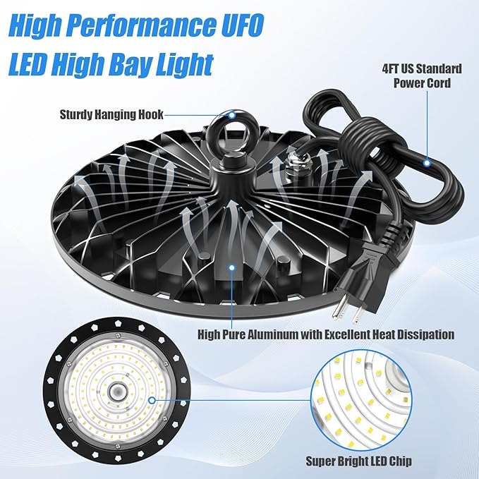 loyal 8 Packs 200W UFO LED High Bay Light, 20000LM LED High Bay Shop Light, 6000K Daylight LED Bay Light with 1.2M Cable US Plug, Commercial High Bay Lighting for Warehouse Workshop Garage Factory