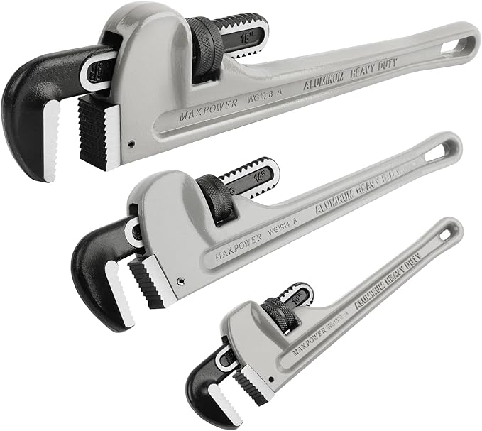 MAXPOWER Pipe Wrench Set 10" 14" 18", Aluminum Plumber Wrenches, Straight Plumbing Wrench