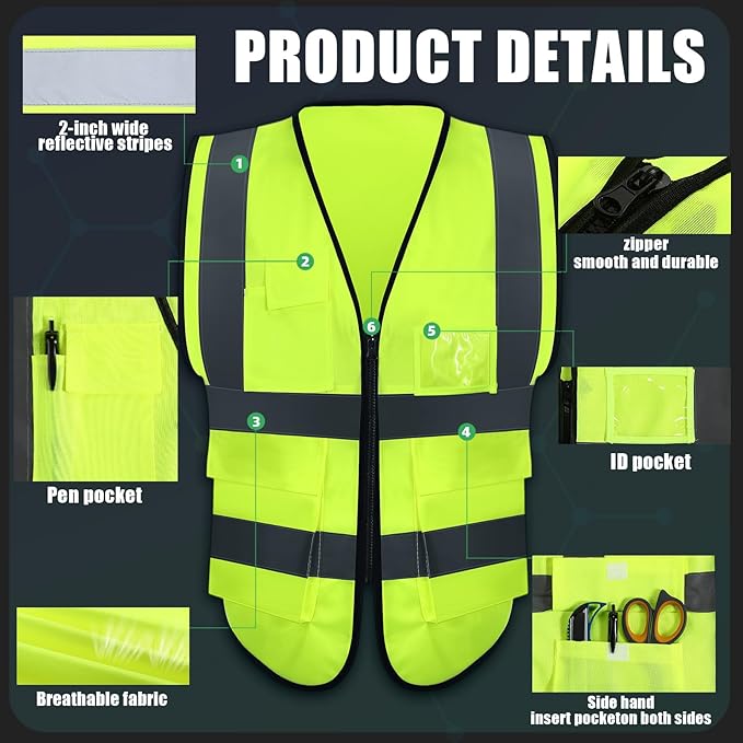 Leumoi 30 Pack Reflective Safety Vest with Pockets and Zipper High Visibility Vest for Women Men Work