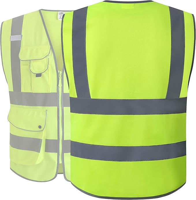 JKSafety 9 Pockets Class 2 High Visibility Zipper Front Safety Vest With Reflective Strips, Yellow Meets ANSI/ISEA Standards (4X-Large 150-Yellow)