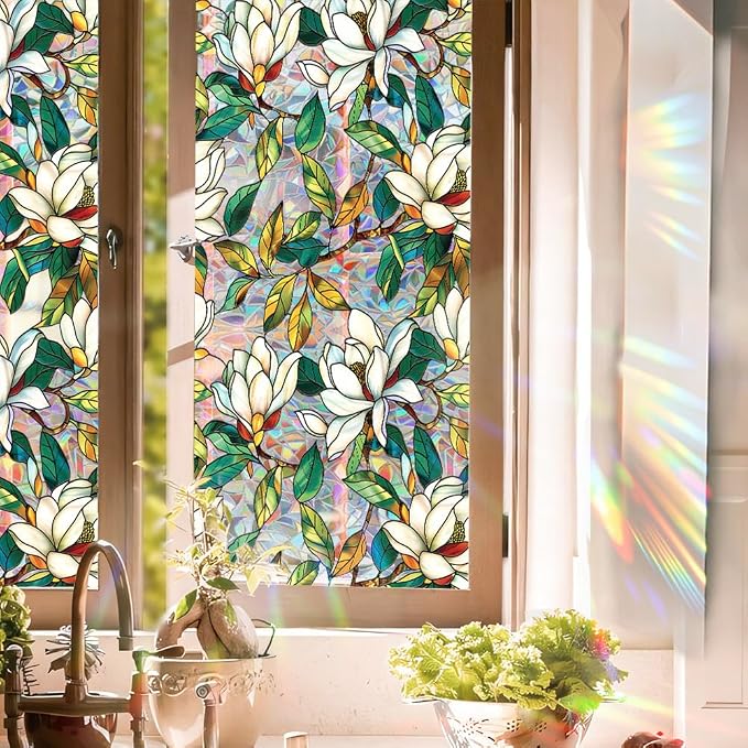 Retro Flower Window Privacy Film, Stained Glass Decals White Mangnolia Privacy - Image 4