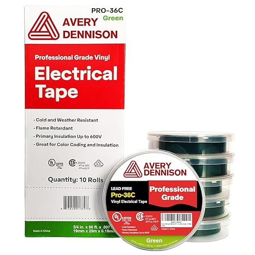 Avery Dennison Electrical Tape, 10 Rolls Professional Grade PVC Electric Tape, UL/CSA Listed ¾ in x 66 ft Insulating Vinyl Tape for Electrical, Repairs, Automotive and Equipment, Pro-36C, Green