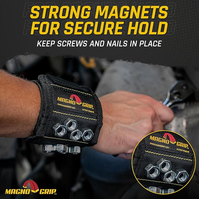 MagnoGrip Magnetic Wristband for Holding Screws, Nails, Drill Bits, Super Strong Magnets, Adjustable Strap, Essential Tool for DIYers, Handyman, Mechanics, Construction & Home Improvement - Black