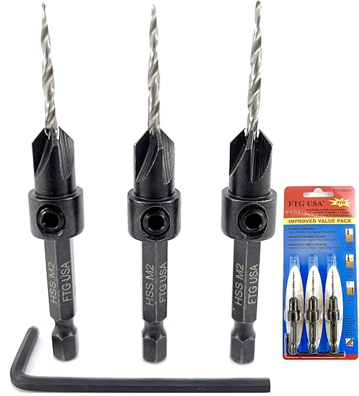 FTG USA Adjustable Wood Countersink Drill Bit Set 3 Pc #4 (7/64"") with Tapered Drill Bits for Woodworking