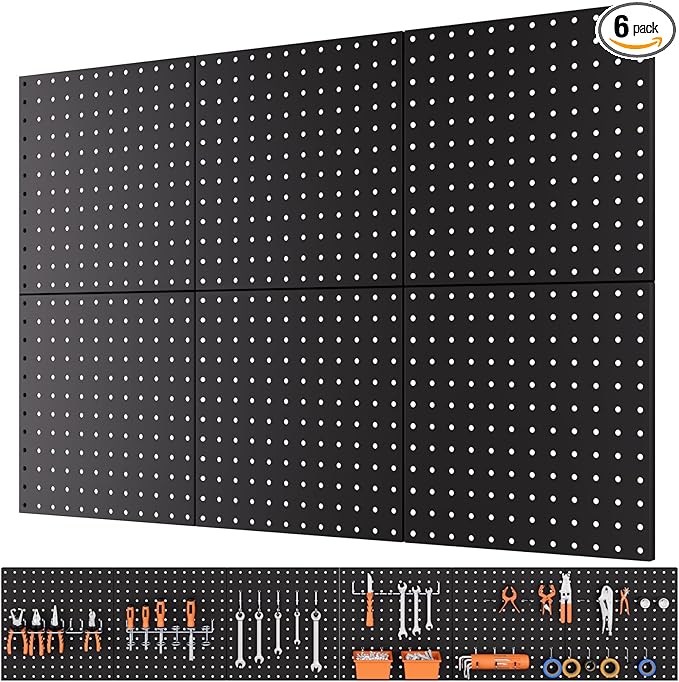 INCLY 6 Pack 12"x12" Black Metal Pegboard Panels, Heavy Duty Pegboard Wall Organizer with Frame, Black Peg Board for Walls, Garage, Workbench, Shed, Kitchen, Craft Room Tool Organization