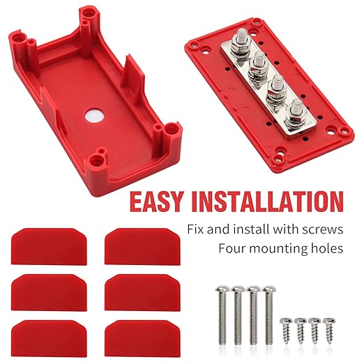 300A Bus Bar Box 12V 24V 48V DC Terminal Studs 4XM8(5/16") Heavy Duty Bus Bar Power Distribution Block for RV Car Truck Battery Marine Automotive, Red