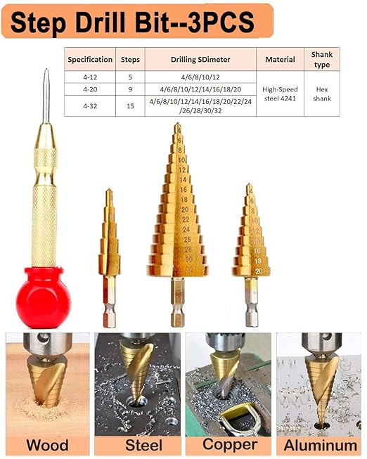 34 Pack Wood Working Chamfer Drilling Tools, 6 Countersink Drill Bit Set, 7 Counter Sinker Drill Bit Set, 8 Plug Cutters for Wood, 8 Drill Stop Bit Collar Set and 3 Step Drill Bits.