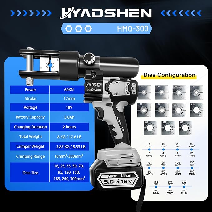 Electric Hydraulic Cable Lug Crimping Tool, Hydraulic Electrical Terminal Cable Lug Wire Crimper Rechargeable Crimping Tool Kits with 11 Dies, 6 AWG to 600 MCM（HMQ-300）
