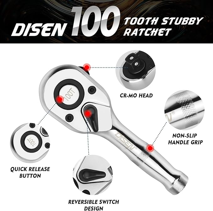 DISEN 3-Piece Stubby Ratchet Set – 1/4", 3/8", 1/2" Drive | 100-Tooth Ratchet with EVA Storage Tray | Quick Release Button | Non-Slip Grip | Reversible 3.6° Design for Tight Spaces, Chrome Finish