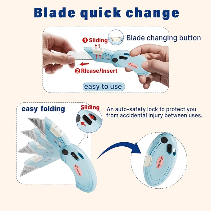 4 Pack Folding Utility Knife with 10 Extra Blades,Box Cutters with Button Lock Mechanism,Navajas Para Trabajo for Home,Office and Warehouse,Green.