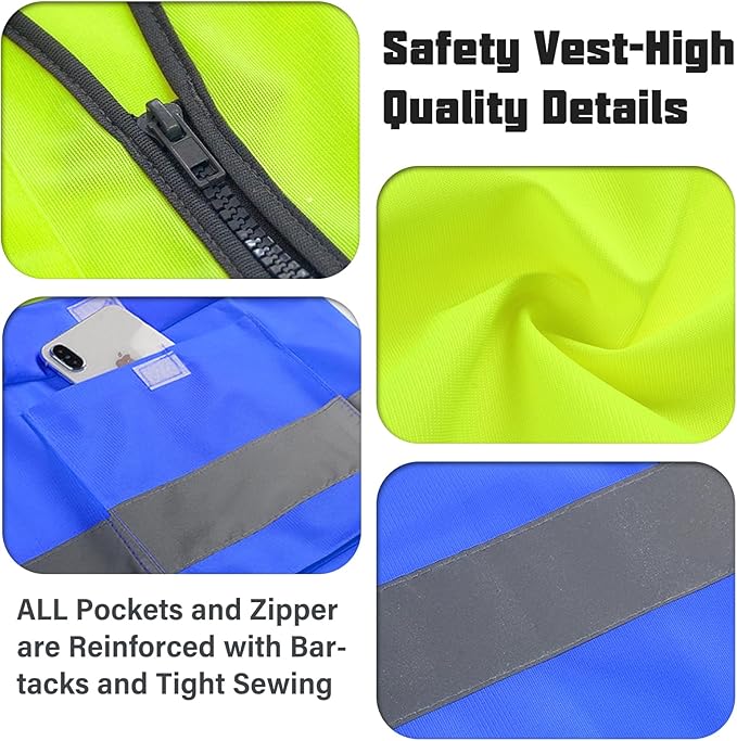 Safety Vests,Hi Vis Vest Reflective Vest with 5 Pockets and Zipper for Men Women, Neon Working Vest for Outdoor One Size