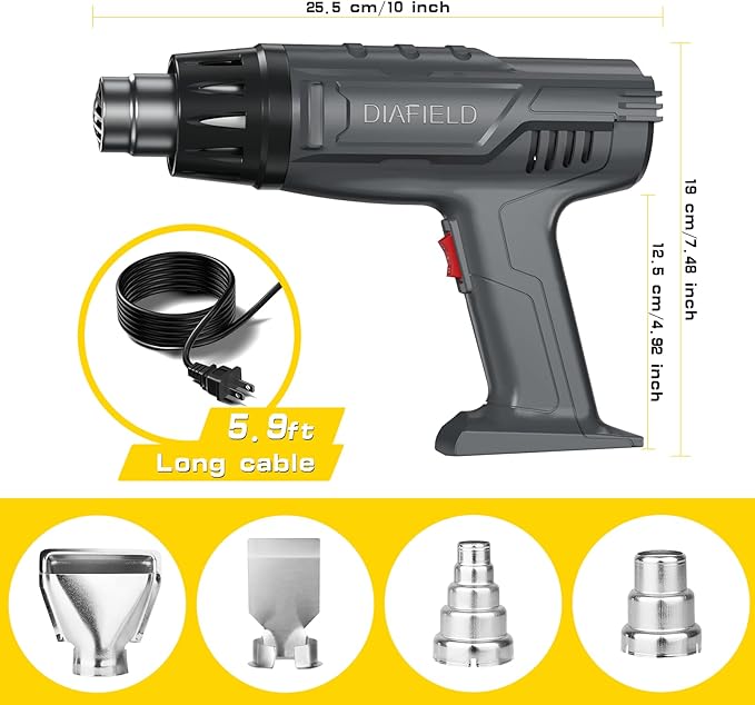 DIAFIELD 1850W Heat Gun, Dual Temperature Settings, AUTOXEL Fast Heat Hot Air Gun, Durable& Overload Protection, with 4 Nozzles for Shrink Wrap, Vinyl, Crafts, Epoxy Resin