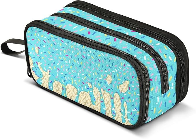 Teal Blue Ice Cream Print Pencil Case Box Boys Girls Large Pencil Pouch Zipper by BOENLE-WELCOMEYOURCOMING