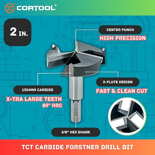 Forstner Drill Bit 2 Inch, Triple-Flute Carbide Tipped Forstner Bit for Hard Wood, Soft Wood, Veneered Plywood, Plastic, Drilling Hole Saw Woodworking Hinge Cutter Tool