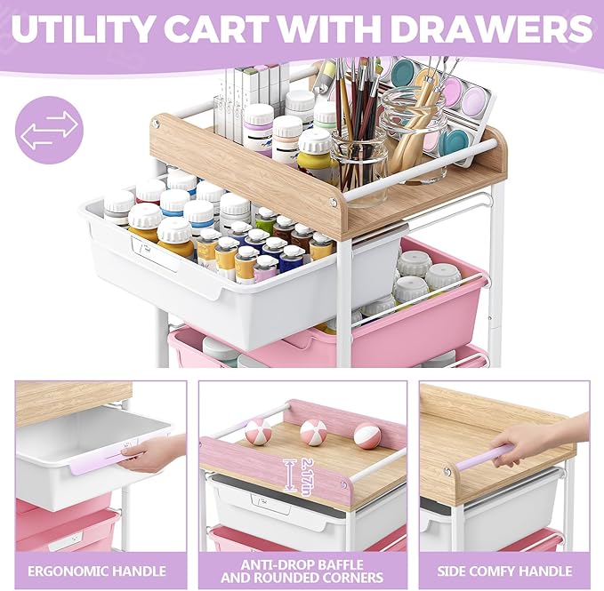 SYKIARIOL Utility Cart with 5 Labeling Drawers and Wooden Tabletop – Rolling - Image 5