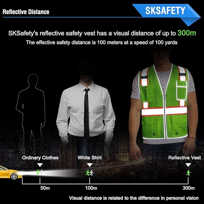 SKSAFETY 10 Pockets Safety Vest, Class 2 High Visibility Security with Zipper Double-sided mesh, Hi Vis Vest with Reflective Strips, ANSI/ISEA Standard, Construction Work Vest （Lime, XL）