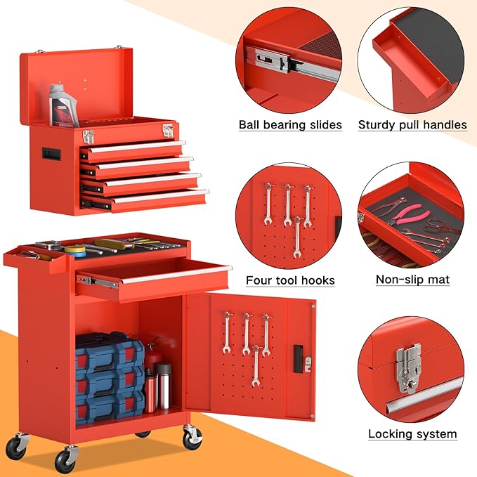 5-Drawer Rolling Tool Chest with Wheels, Lockable Metal Tool Box with Drawers, Detachable Top Cabinet & Storage Cart for Garage Workshop,Repair Room(Red)