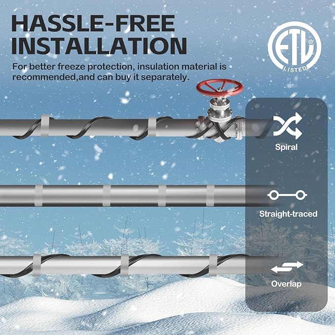 9FT（3FT-200FT） Pipe Heating Cable for Pipe Freeze Protection, Heat Cable for Water Pipes(Metal and Plastic), Pipe Heat Tape Keeps Water Flowing at -40°F 5w/ft, 120V