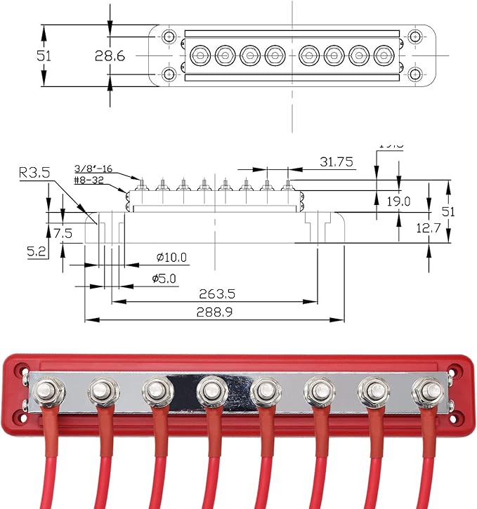 600 A High Current Copper Bus Bar 300V AC / 48V DC 8 Way 3/8 inch (M10) Studs 8#8-32 Screws Electrical Terminal Ground Distribution Block Battery Buss Bars with Cover (Red)