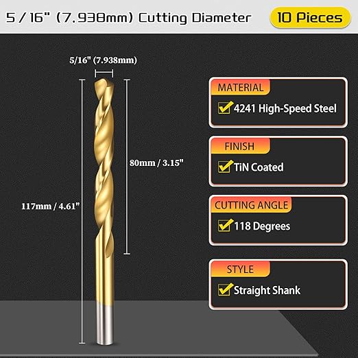 Drill Bit, 5/16" Cutting Diameter (7.938mm), 4241 HSS TiN Coated 118° Cutting Angle Versatile Jobber Bits - (Applications: for Drilling Plastic Wood Soft Thin Metal), 10-Pieces