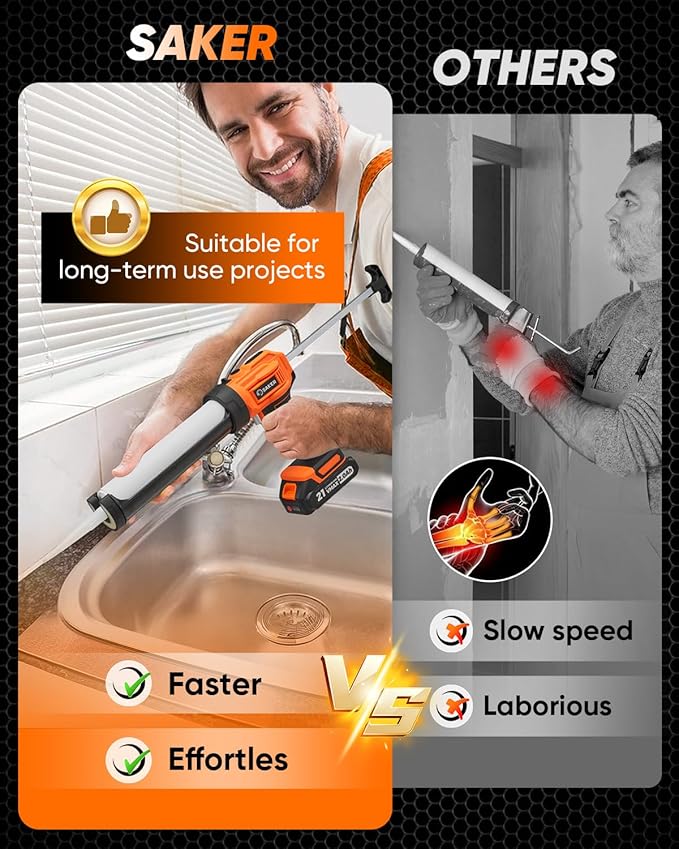 Saker Electric Caulking Gun Cordless Caulk Gun Drip-free with Caulking Tools 4 Adjustable Speeds with LED Light 10oz/300ml for Kitchen Bathroom Filling, Sealing 2 Batteries