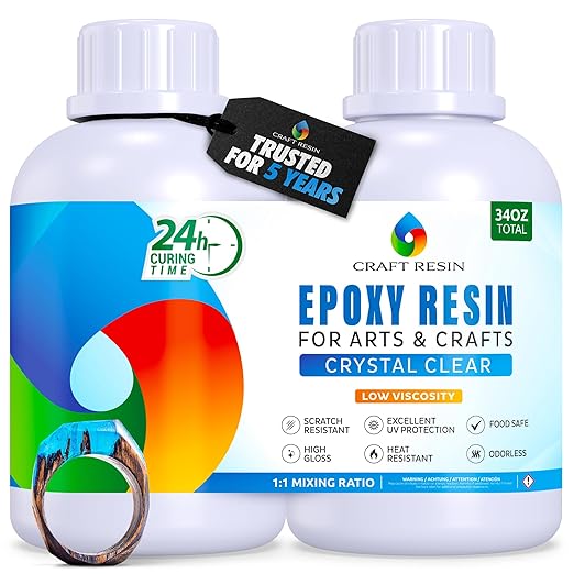 CRAFT RESIN 34OZ Crystal Clear Epoxy Resin Kit - Food Safe & UV Resistant for DIY Art, Wood, Jewelry Making, Coasters, Molds Casting Resin Epoxy - Low Viscosity, Self Leveling for Beginners & Pros