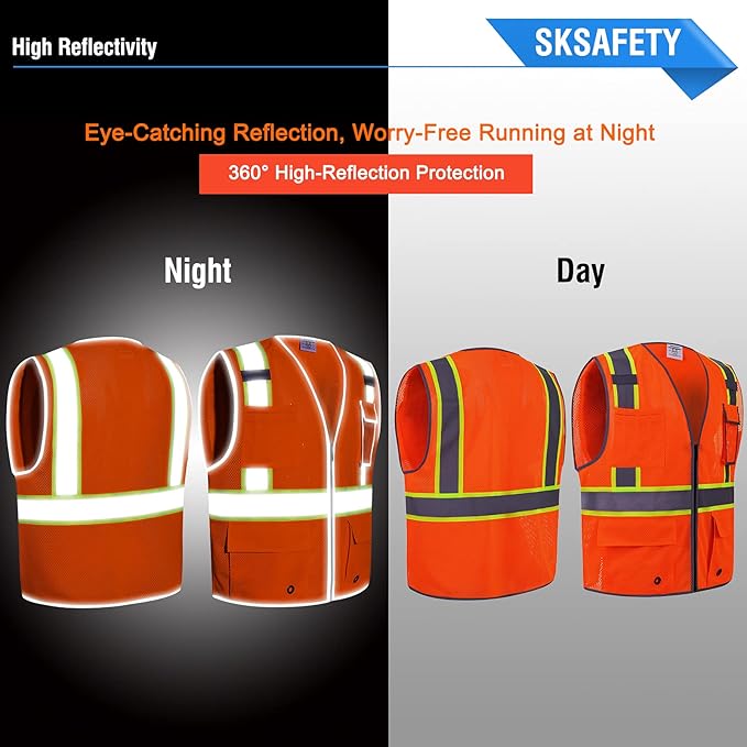 SKSAFETY 10 Pockets Safety Vest, Class 2 High Visibility Security with Zipper Double-sided mesh, Hi Vis Vest with Reflective Strips, ANSI/ISEA Standard, Construction Work Vest （Orange, XL）