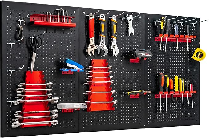 Goplus Garage Pegboard Tool Organizer, 4ft Metal Pegboard Wall Organizer w/3 Pegboards, Drill Bit Rack, Wrench Rack, Hooks Accessories, Wall-Mounted Tool Storage Peg Board for Workshop, Black